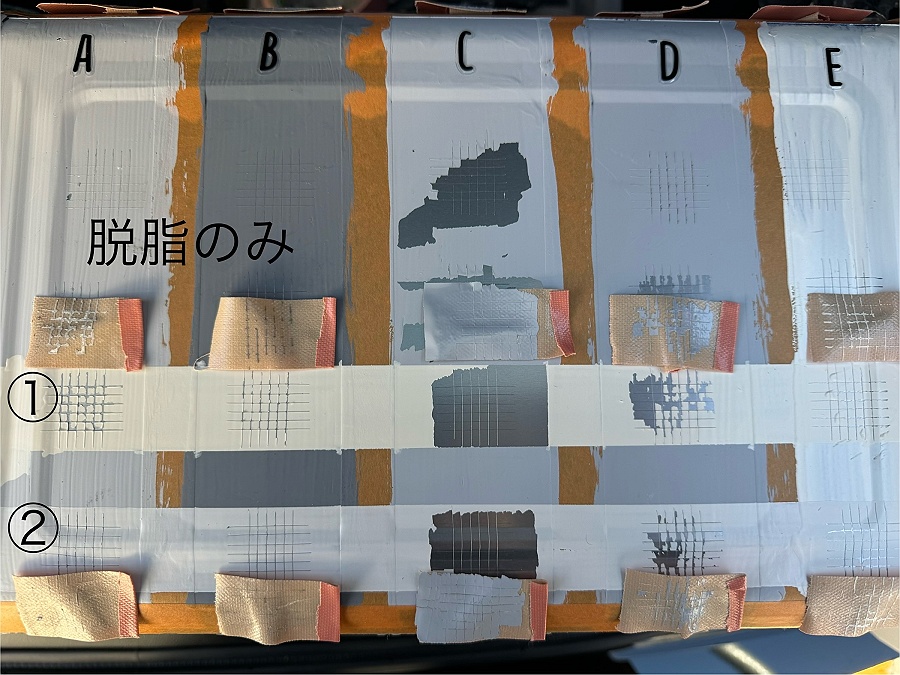 外部適用タイプ水性錆止塗料＋上塗の密着テスト結果／脱脂のみ