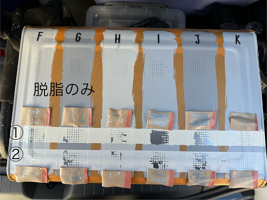 内部用タイプ水性錆止塗料＋上塗の密着テスト結果／脱脂のみ